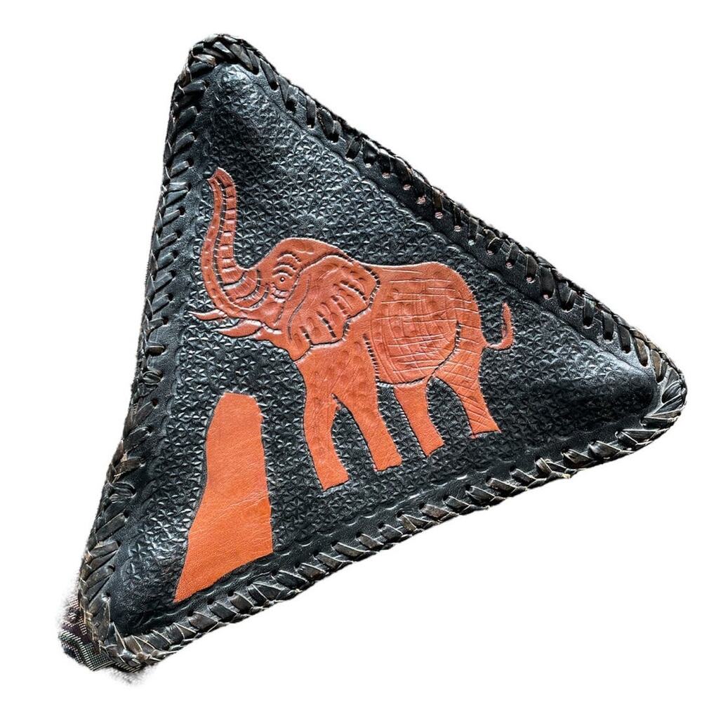 Handmade Tooled Leather Inlay Elephant Tripod Seat Cover